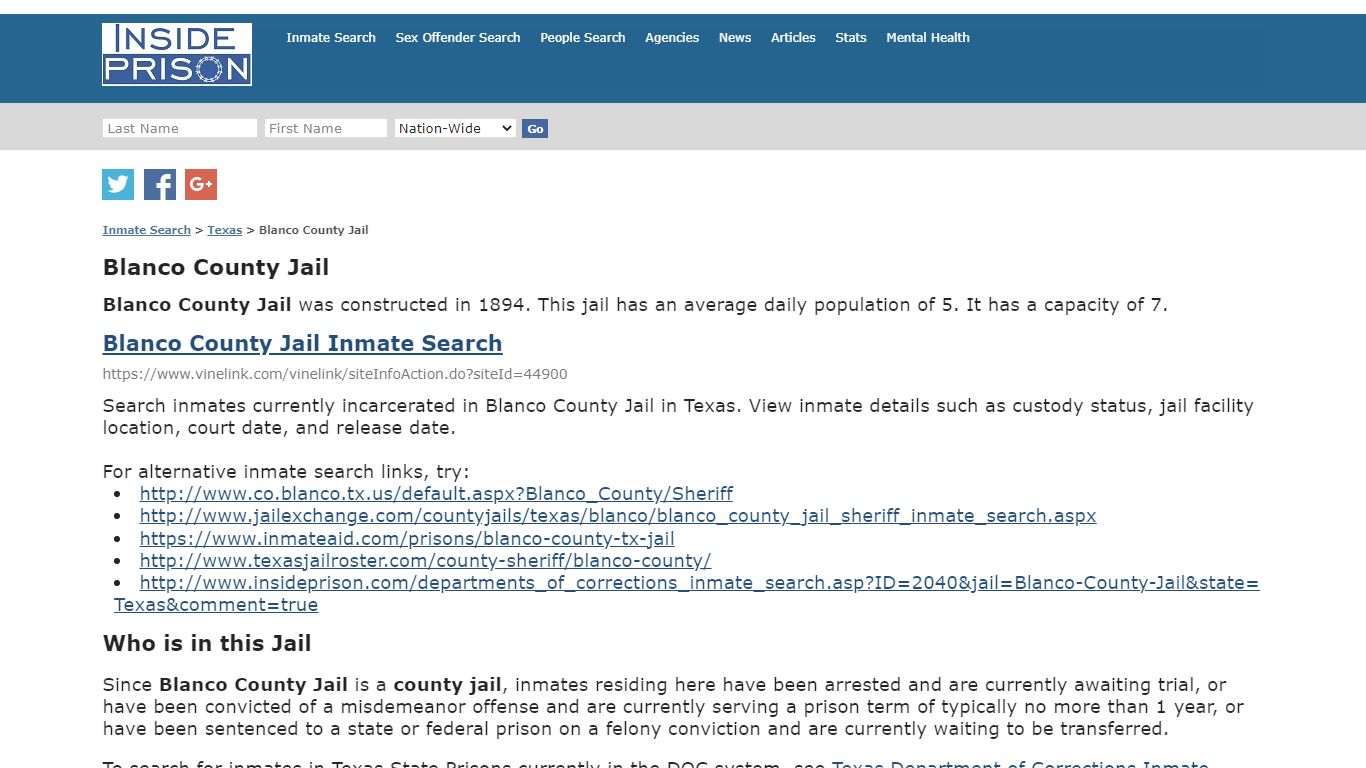 Blanco County Jail - Texas - Inmate Search - Inside Prison